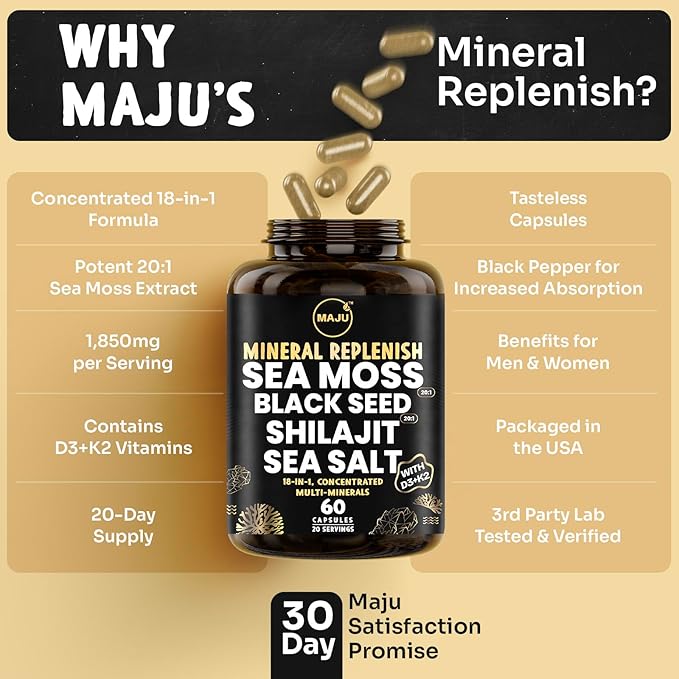 Maju Superfoods 18-in-1 Sea Moss Black Seed Shilajit Sea Salt + D3 &amp K2 Concentrated Extracts Trace Multi Mineral Capsules for Men &amp Women Mineral Electrolytes Supplements