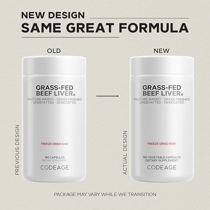 Codeage Grass Fed Beef Liver Supplement Superfood Freeze Dried Non-Defatted Desiccated Glandulars Bovine Pills Pasture Raised Beef Vitamins Non-GMO Liver Meat 180 Capsules