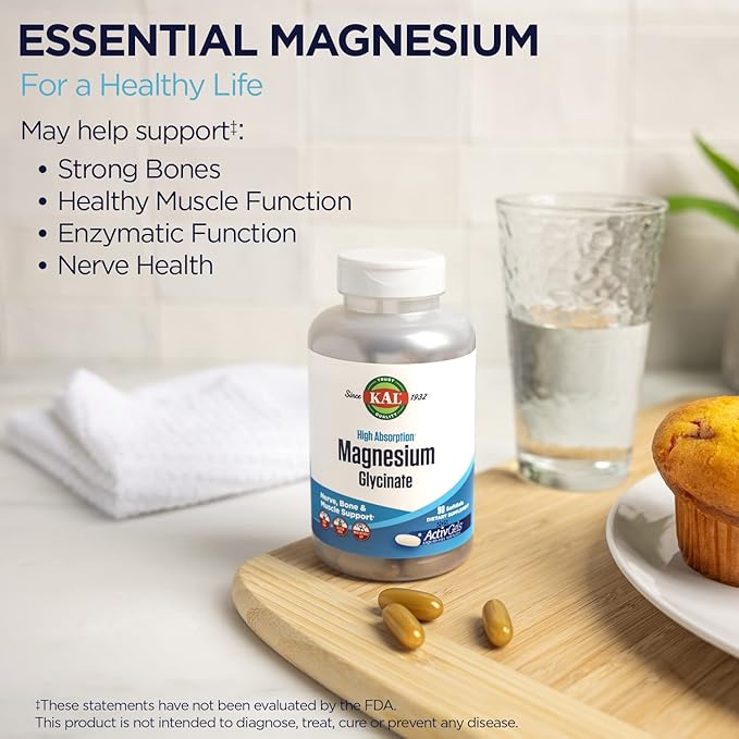 KAL Magnesium Glycinate ActivGels 315mg High Absorption Magnesium Supplement for Muscle Nerve &amp Bone Health Support Non-GMO Gluten Free 30 Servings 90 Softgels