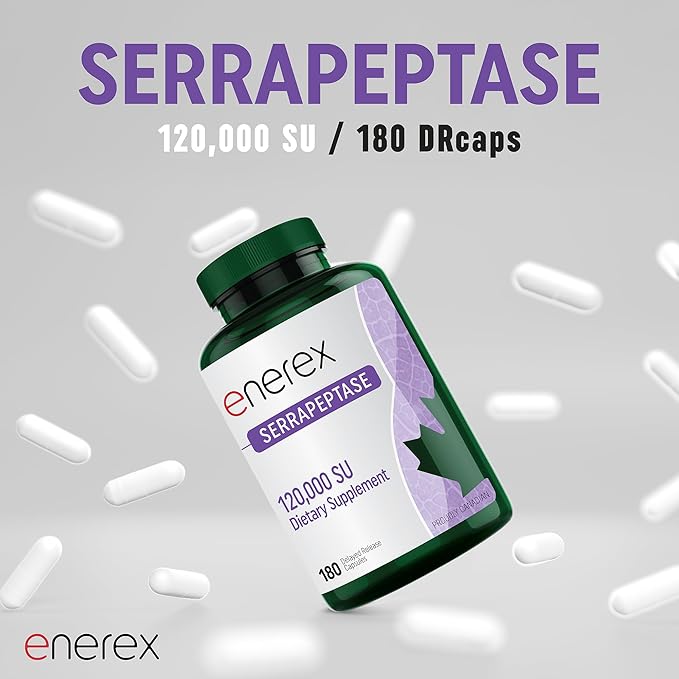 ENEREX High Potency Serrapeptase Supplement 120000 SPU - 180 Delayed Release Veggie Capsules (6 Month Supply) Non-GMO Gluten-Free