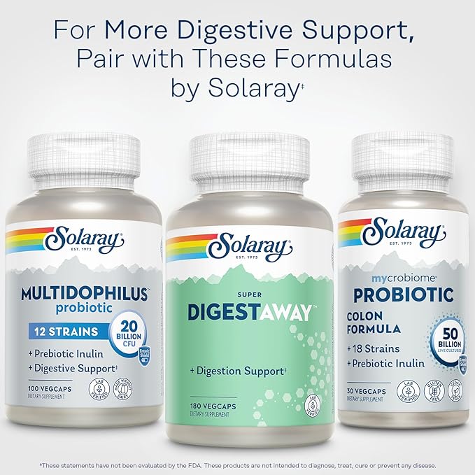 SOLARAY Super Digestaway Digestive Enzymes - Pancreatin Papain Ginger Pepsin Betaine HCl Aloe Vera and More - Digestion &amp Nutrient Absorption Support - Lab Verified - 180 VegCaps