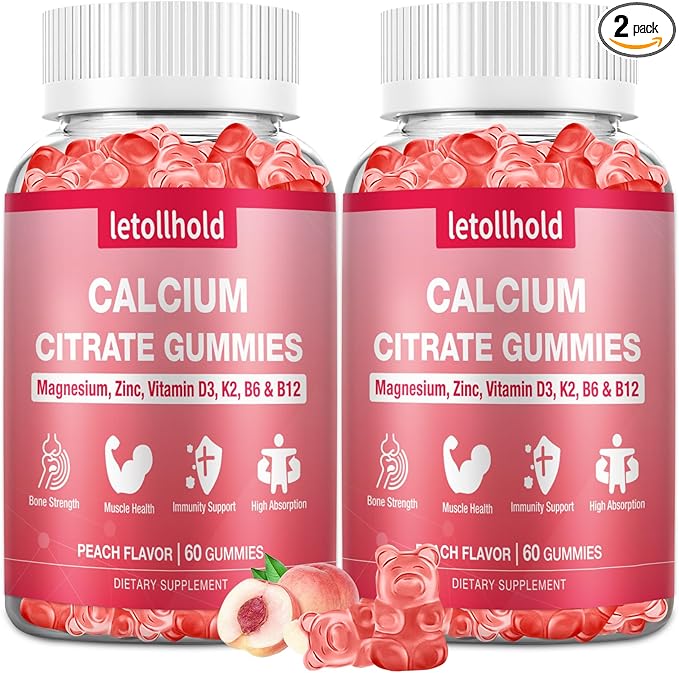 Calcium Citrate Gummies - 1200mg Calcium Gummies with Magnesium Zinc Vitamin D3K2 B6 B12 for Bone Muscle Joints Immune Support High Absorption Calcium Supplements for Women Peach Flavor