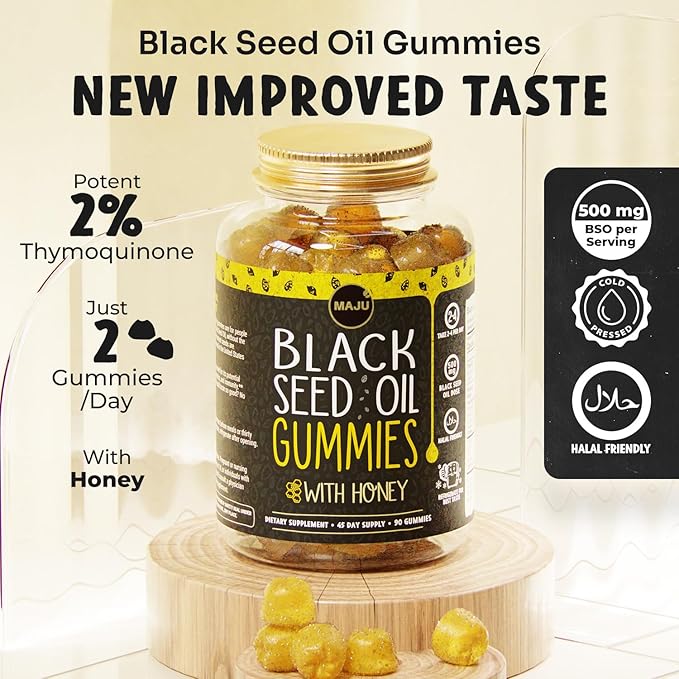 MAJU's Black Seed Oil Gummies with Honey 90ct 500mg BSO Gummy Black Cumin Seed Nigella Sativa Oil Cold-Pressed Potent Formula 90ct (2-Pack)