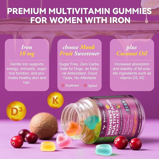 Totaria Sugar Free Womens Multivitamin Gummies with Iron Women's Multivitamin w/Vitamins C D3 K2 B12 B6 Filled Gummies for Daily Nutritional Support| Immune Support| Skin Health Mixed Flavors