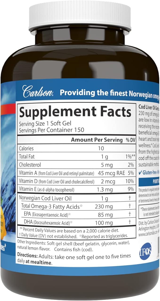 Carlson - Cod Liver Oil Gems Low Vitamin A 230 mg Omega-3s Norwegian Wild Caught Sustainably Sourced 150 Softgels
