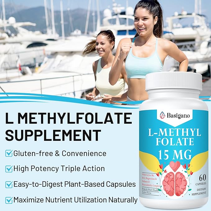 L Methylfolate 15mg (5-MTHF) - Active Folic Acid with B6 and B12 - Vegan Gluten-Free Dairy-Free (1 Pack)