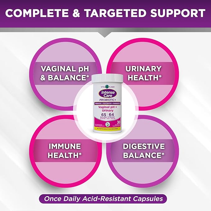 Vital Planet - Intense Care Vaginal pH &amp Urinary Probiotics for Women Plus Organic Prebiotics Postbiotics and Parabiotics 65 Billion CFU and 64 Strains Immune and Digestive Health 30 ct