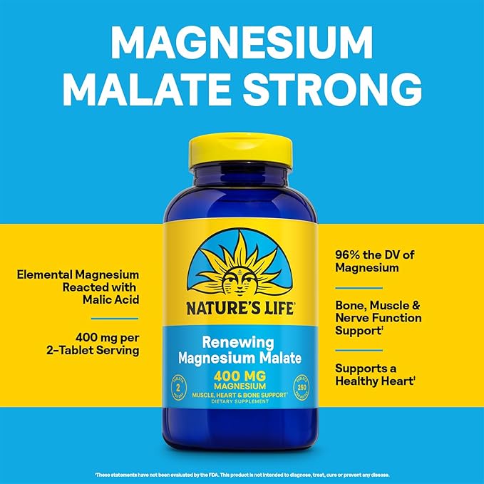 NATURE'S LIFE Renewing Magnesium Malate 400 mg - Bioavailable Magnesium Complex - Bound with Malic Acid for Bones Muscles Nerve Function and Heart Health Support - 60-Day Guarantee 125 Servings