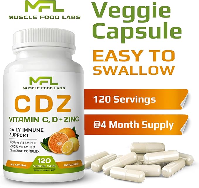 | C D Z | Vitamin C 1000mg | Vitamin D3 125mcg | Zinc 25mg | Non-GMO &amp Gluten Free | 120 Vegetarian Capsules | 120 Servings