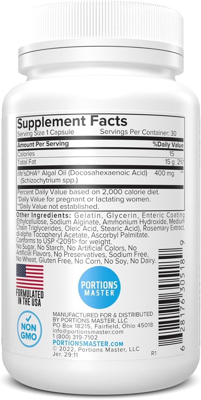 Portions Master DHA Prenatal renatal Omega-3 Supplement with 300 mg DHASupports Fetal Brain &amp Eye Development Pregnancy &amp Breastfeeding Nutrition Non-GMO Gluten-Free (30 Softgels)
