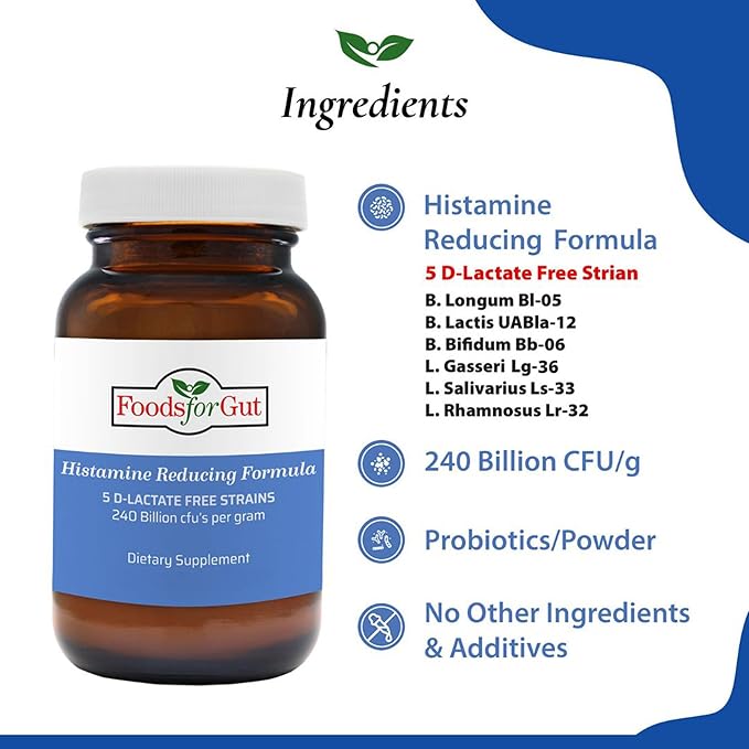 Foods For Gut Histamine &amp D Lactate Free Probiotics Powder 240 Billion CFU | Made in USA | No Additives | Direct from Manufacturer | No Third-Party Storage | Immune Support | 30 Grams (1.05 OZ)