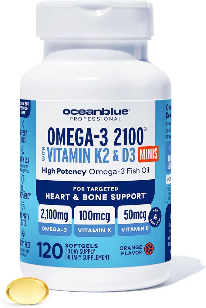 Oceanblue Professional Omega-3 2100 with Vitamin K2 &amp Vitamin D3 - Triple Strength Burpless Fish Oil Omega-3 Supplement with EPA &amp DHA - Wild Caught - Orange Flavor - 120 Mini Softgels