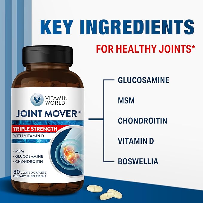 Vitamin World Triple Strength Joint Mover with Vitamin D Glucosamine Chondroitin MSM 80 Caplets Promotes Healthy Joints Promotes Comfort and Flexibility Coated Gluten Free