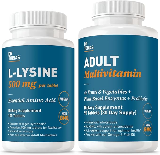 Dr. Tobias L‑Lysine 500 mg Tablets + Adult Multivitamin for Women &amp Men – Essential Amino Acid Support + Wholefood Vitamins for Immune Gut &amp Energy Health