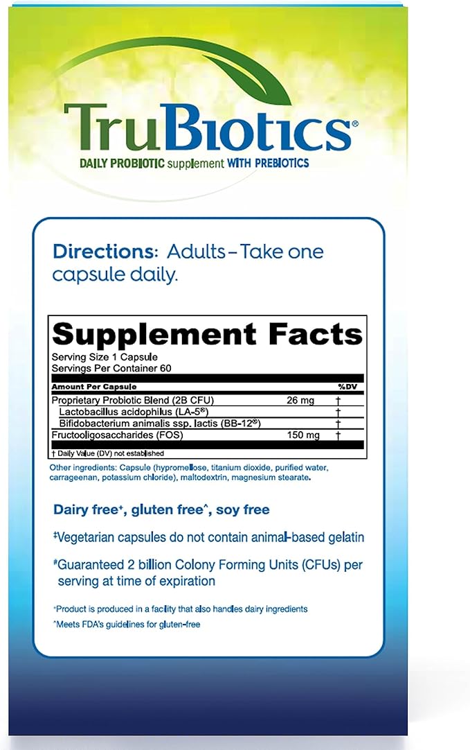 TruBiotics Probiotics for Digestive &amp Immune Health Supports Regularity &amp Helps Relieve Abdominal Discomfort Gas &amp Bloating 2 Clinically Studied Probiotic Strains Plus Prebiotics 60 C