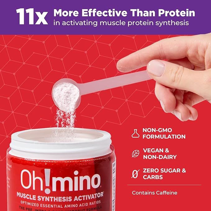 Oh!mino Essential Amino Acids Supplement Drink Powder Berry Blast Caffeinated Powder All 9 EAAs BCAAs and The Perfect Amino for Workouts Amino Energy and to Build Muscle and Recover Faster