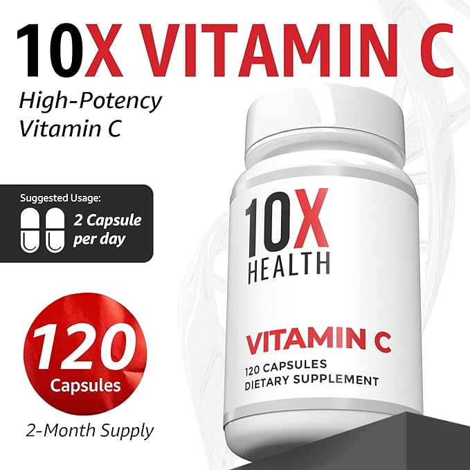 10X Health Vitamin C 1000mg - 120 Capsules Vitamin C High Dose Ascorbic Acid for Immunity Antioxidant Protection Collagen &amp Tissue Support for Adults - VitaminC 1000 mg - Non-GMO Gluten-Free