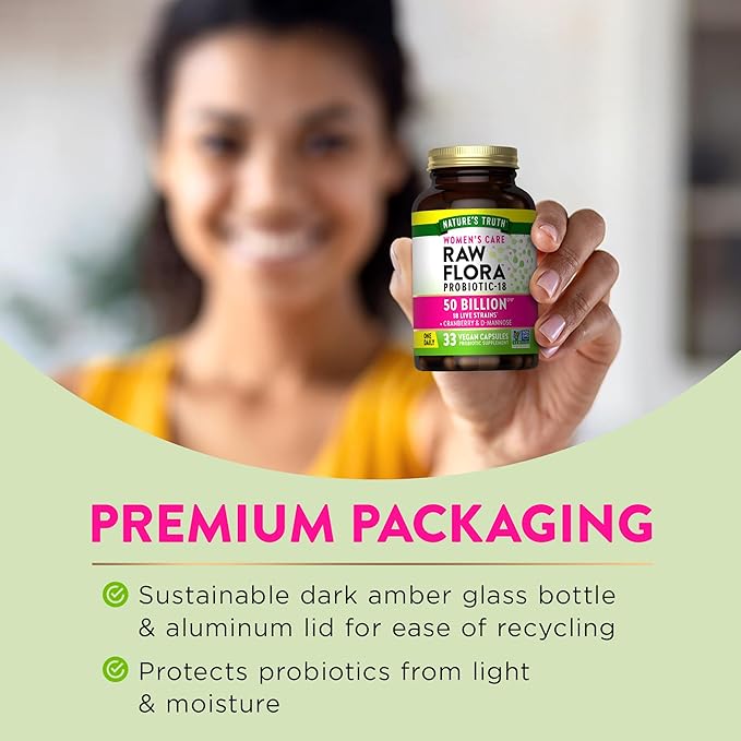 Raw Flora Probiotics for Women | 50 Billion CFU | 33 Capsules | with Cranberry and D-Mannose | Vegan Non-GMO &amp Gluten Free Supplement