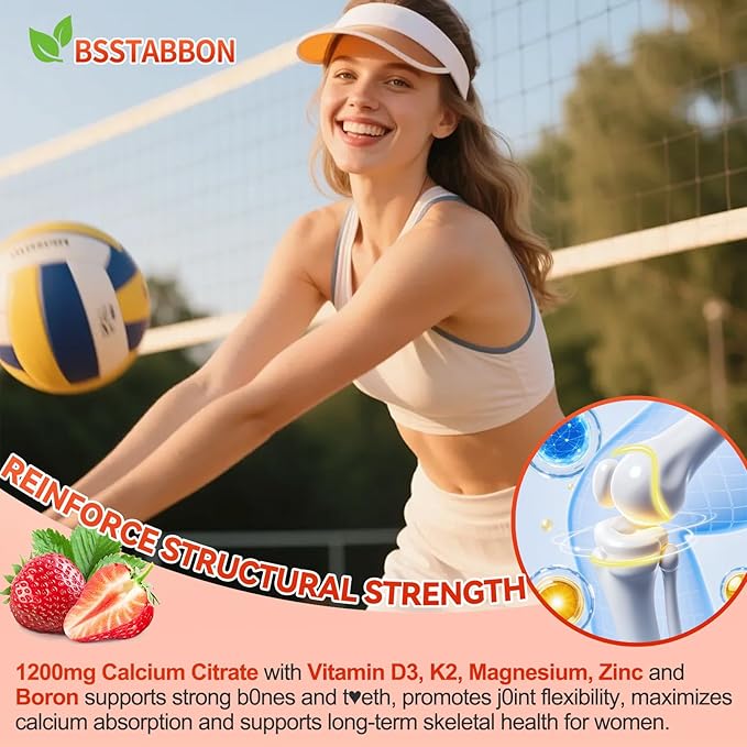 Calcium Supplements for Women Gummies: Organic Chewable Sugar Free Vegan Calcium 1200 mg with Vitamin D3 K2 B6 B12 Mineral Magnesium Zinc Citrate - for Womens Immune Overall Health(120Count)