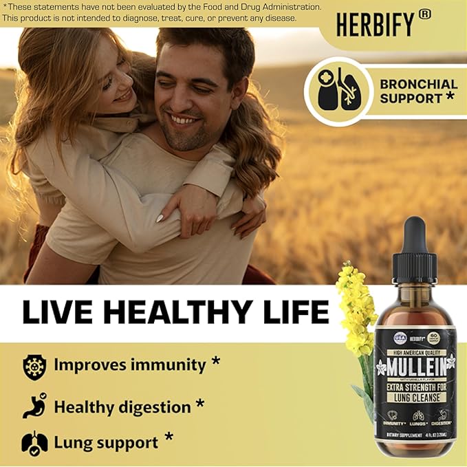 HERBIFY Mullein Drops - Lung Cleanse - Leaf Extract - Powerful Mullein for Immune Support Detox &amp Respiratory Support - Made in USA - 4 Oz Vanilla Flavor