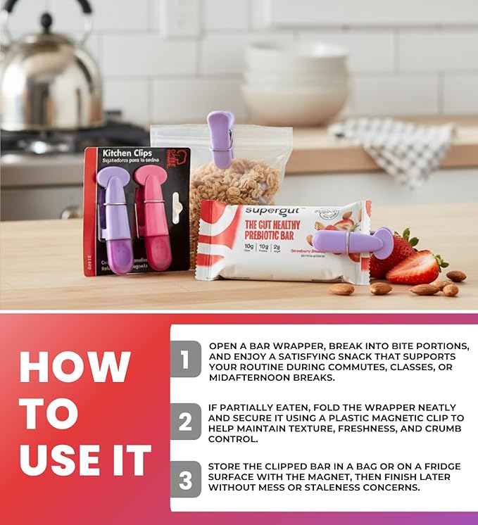 12x Bar Prebiotic Almond Strawberry 1.8 oz Bundle with Plastic Magnetic Clips — Breakfast Bars On-The-Go Snack with 10g Prebiotic Fiber and 10g Protein Low Sugar Keto-Friendly — Gift Set (13 Items)