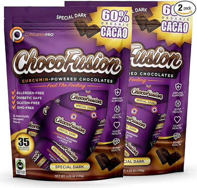 curcuminpro ChocoFusion Special Dark 2 Pack | The World's Only BioSoluble Curcumin | Made from Organic Turmeric | Vegan Allergen Free Sugar Free Keto Friendly Organic Non-GMO Chocolates