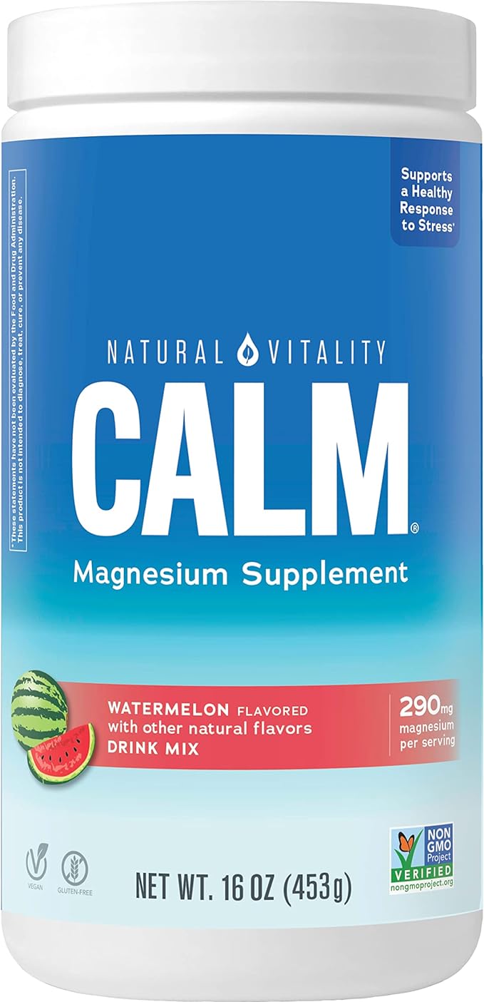 Natural Vitality Calm Magnesium Supplement Anti-Stress Drink Mix Powder Gluten Free Vegan &amp Non-GMO Watermelon 16 oz