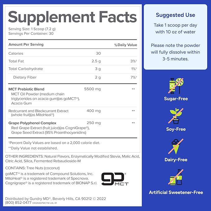 Gundry MD MCT Wellness Powder to Support Energy Ketone Production and Brain Health Keto Friendly Sugar Free (30 Servings) (Raspberry Medley)
