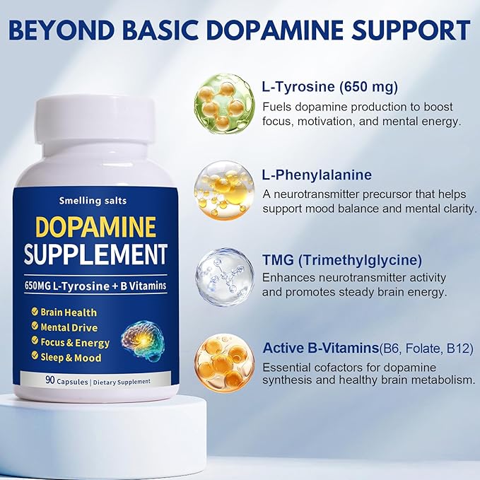 Dopamine Supplement – Supports Mood Focus Sleep &amp Motivation – 650mg L-Tyrosine &amp B Vitamins – Dopamine Booster for Adults – 90 Capsules