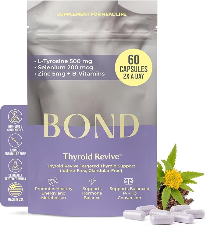 BOND Thyroid Complex Thyroid Support Supplement for Women &amp Men Selenium 200mcg L-Tyrosine 500mg Natural Energy &amp Metabolism Booster with Zinc &amp Rhodiola Extract Iodine Free - 60 Caps