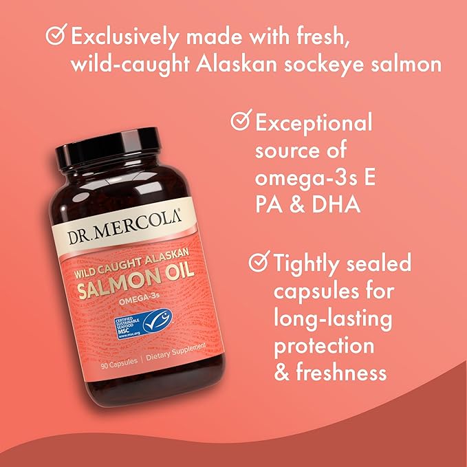 Dr. Mercola Salmon Oil - Omega-3 Support - Wild Caught Alaskan Sockeye - Minimally Processed - MSC Certified - 3000 mg - Non-GMO - 90 Capsules