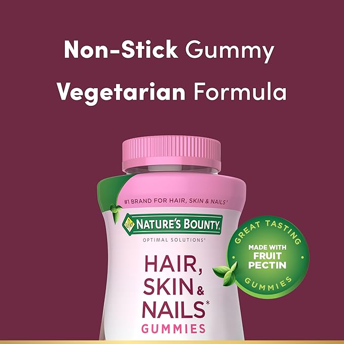 Nature's Bounty Optimal Solutions Hair Skin and Nails Pectin Gummies 2500 mcg Biotin Per Serving No Stick Gummy Vegetarian Formula Strawberry Flavor 200 Count 100 Total Servings (Pack of 3)