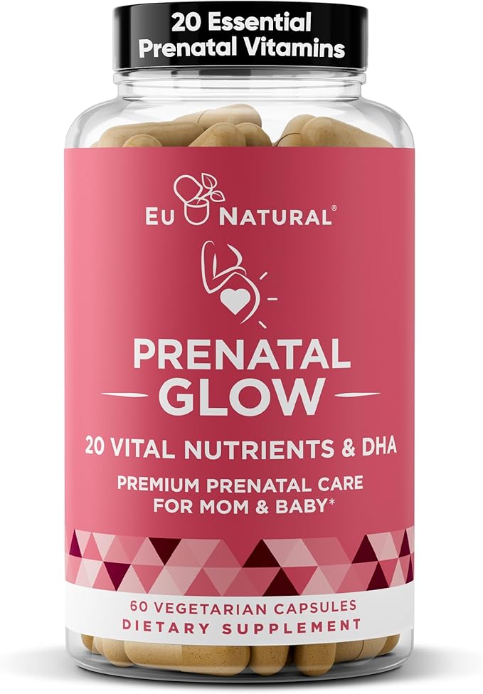 Eu Natural Glow Prenatal Vitamins for Women - 20-in-1 Prenatal Multivitamin with Folate &amp Vegan DHA - Supports Healthy Pregnancy Fetal Development &amp Mom’s Comfort - 60 Vegetarian Capsules