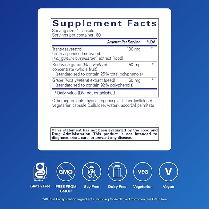 Pure Encapsulations Resveratrol EXTRA - 100 mg Trans-Resveratrol - For Healthy Cellular &amp Cardiovascular Function* - Antioxidants Supplement - Non-GMO &amp Gluten Free - 60 Capsules