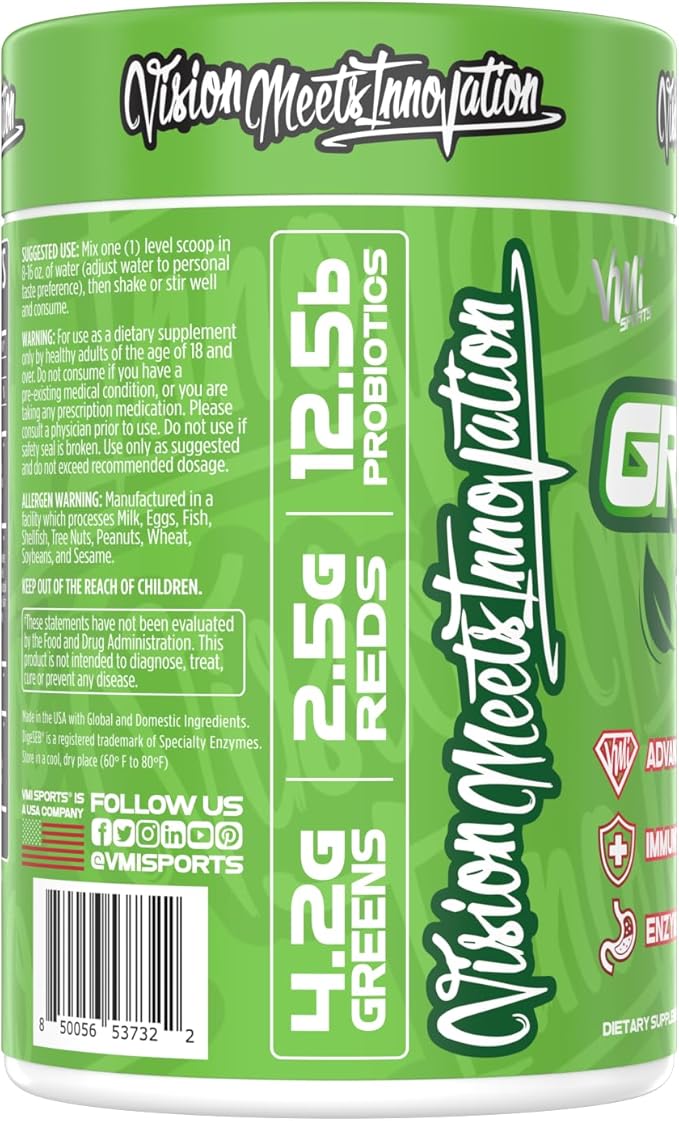 VMI Sports Greens + Reds Advanced Superfood Immunity and Gut Health | Enzymes &amp Probiotics | 30 Servings (Dragon Fruit)
