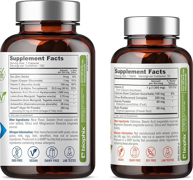 biophix Retinal Support Maximum Strength Complex Formula 100 Capsules - Free C-1000 30 Tablets - Zinc Vitamin C E Lutein DHA Omega-3 Astaxanthin Hyaluronic Acid - Supports Eye Vision Health