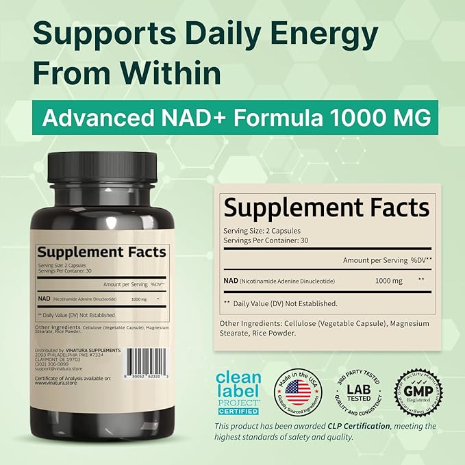 VINATURA NAD Supplement 1000mg - Pure NAD Supplement for Anti-Aging