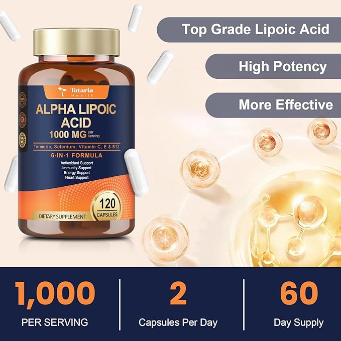 Totaria Alpha Lipoic Acid 1000mg - ALA Supplement Antioxidant for Neuropathy Support Nerve Health Liver Detox Antioxidant Metabolism and Cell Energy Anti-Aging - Non-GMO Gluten Free Vegan Safe