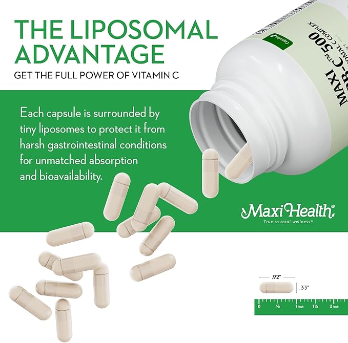 Maxi Health Liposomal Vitamin C 500mg Capsules with Digestive Blend Highly Absorbable High Dose VitaminC Non GMO Kosher Vegetarian Doctor-Formulated Immune Support Supplement (90 Count)