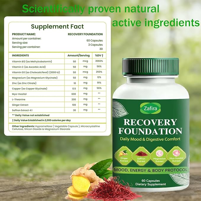 Zafira Recovery Foundation Capsules – Clear Mental Fog Reduce Hair Loss &amp Boost Digestion | Clinically Tested All-Natural IngredientsNon-GMO 60 Capsules