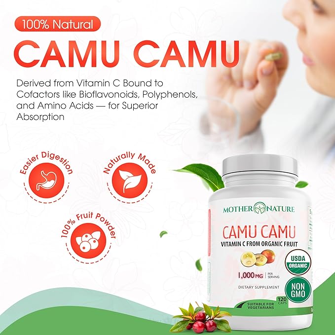 Organic Vitamin C from Camu Camu Capsules 1000mg Packed with Natural VIT C Raw Antioxidants - Immune Support Supplement &amp Anti-Aging for Skin - Powder Organic Vegan Non-GMO (120 Count)