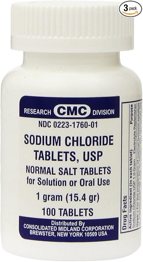 Sodium Chloride Tablets 1 Gm USP Normal Salt Tablets - 100 Tablets (Pack of 3)