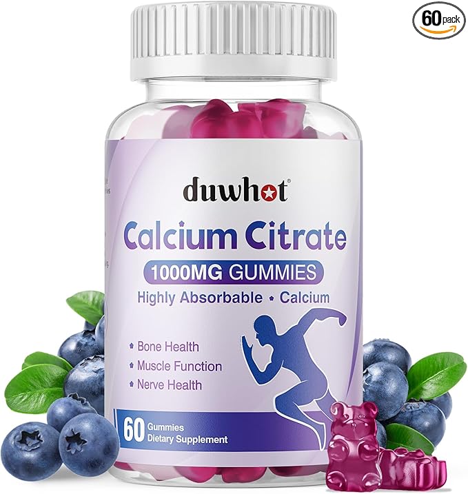 duwhot Calcium Citrate Gummies Chewable Calcium Citrate 1000mg For Bone Muscle &amp Immune Support High Absorption Calcium Supplements for Women &amp Men Kids Blueberry Flavor Vegan Organic