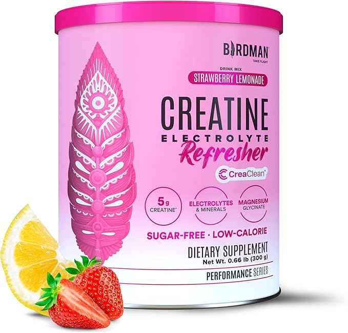 BIRDMAN Creatine Refresher | Creatine Monohydrate Powder with Electrolytes Magnesium Glycinate &amp Vitamins | Creaclean Seal | Sugar Free Low Calorie | Strawberry Lemonade | 30 Servings