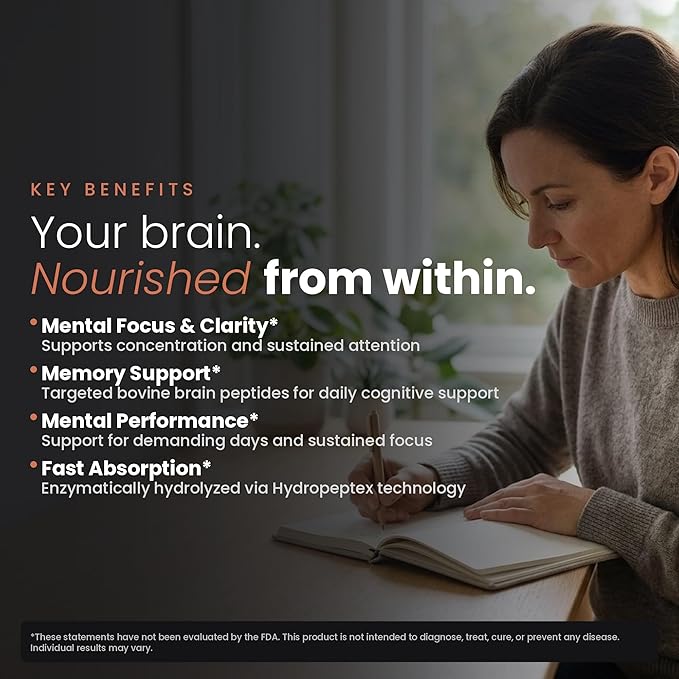 Brain Booster Peptides – Grass-Fed Bovine Brain Peptides – Focus Memory &amp Mental Clarity – Argentine Pasture-Raised Non-GMO – 60 Capsules