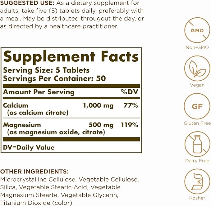 Solgar Calcium Magnesium Citrate 250 Tablets (Pack of 3) - Supports Healthy Bones &amp Teeth - Musculoskeletal &amp Nervous System Support - Highly Absorbable - Non-GMO and Vegan - 150 Total Servin
