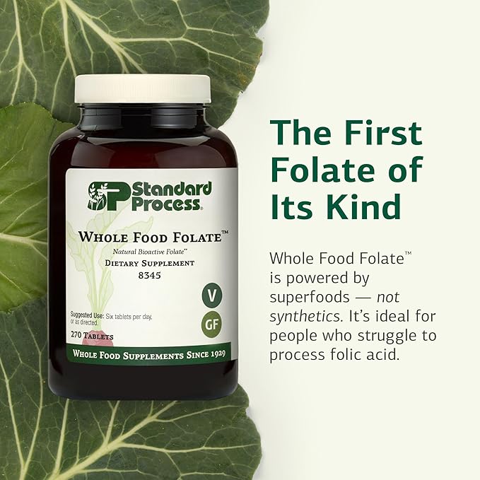 Standard Process Whole Food Folate - Supports Cellular Health &amp Processes - Includes Vitamin B12 - Supports Vascular Function - Vegetarian Gluten-Free &amp Non-Dairy - 270 Capsules (45 Servings)