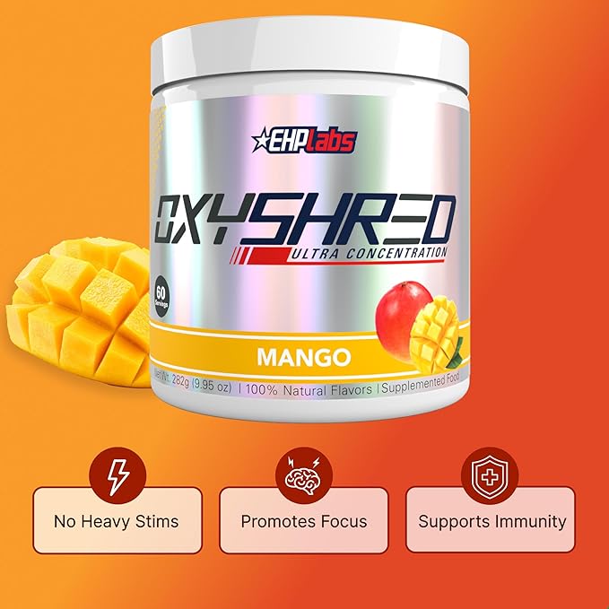 EHP Labs OxyShred Pre Workout Powder - Preworkout Powder with L Glutamine &amp Acetyl L Carnitine Energy Boost Drink - Mango 60 Servings