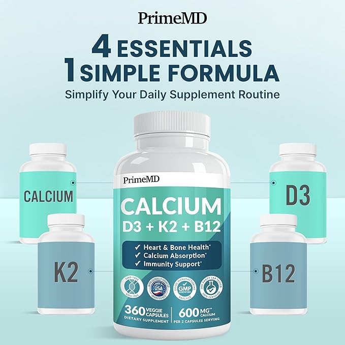 4-in-1 Calcium Supplements for Women &amp Men - Calcium Citrate with D3 K2 Vitamin 5000 IU - Calcium 600mg with Vitamin D3 K2 - Everyday Vitality Supplement - Vegan-Friendly Gluten-Free (360 Capsule