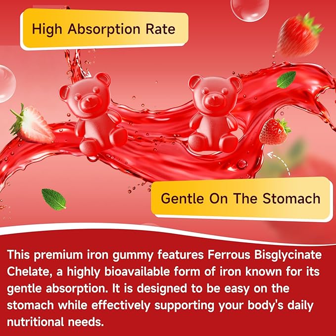 Vegan Iron Gummies for Women &amp Men Iron Supplement with B-Complex Vitamin C A Folate for Adults &amp Kids - Blood Builder &amp Energy Support &amp Immune Health - Strawberry Flavor 120 Gum